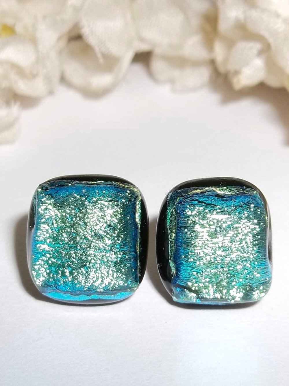 Earring Dichroic Glass Turquoise Blue Green Metallic Unisex Costume Jewelry D875
